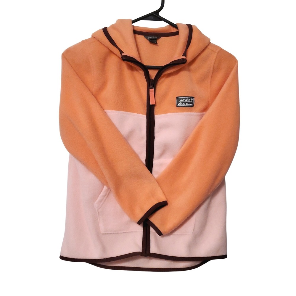 Eddie Bauer Kids Orange Pink Colorblock Fleece Full Zip Hoodie Jacket Sz M 10/12